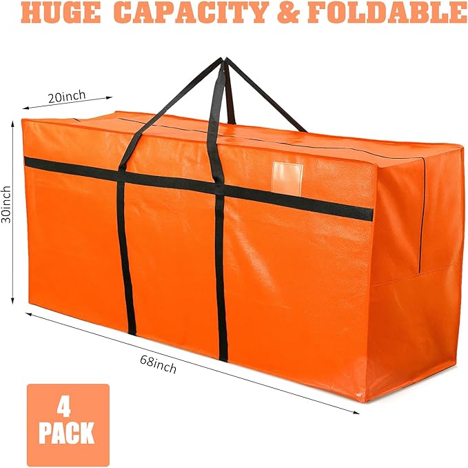 4 Pcs 176 Gallon Extra Large Moving Bags Heavy Duty Storage Bag with Strong Zipper Handle Foldable XXL Jumbo Storage Tote Packing Moving Box for College Dorm Travel Cloth Duffle (Orange)