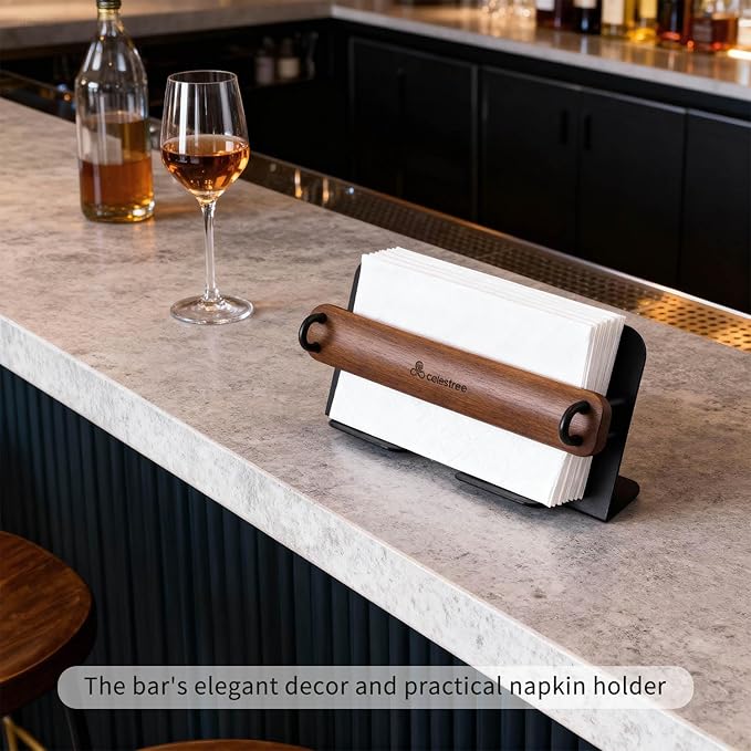 Celestree Unique Guest Towel Holder for Bathroom & Table - Modern Metal Napkin Dispenser with Walnut Weighted Arm, Rectangular Disposable Hand Towels Tray for Kitchen Steak Dinner, Vanity, Picnic