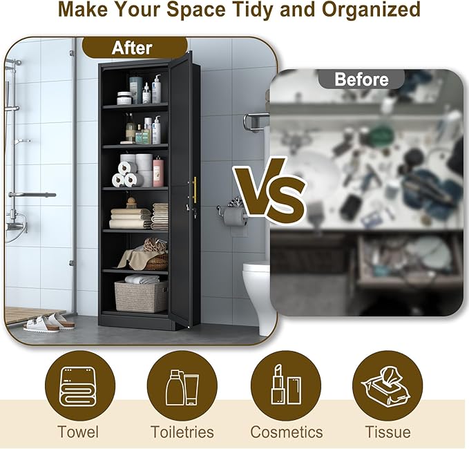 67" Metal Storage Cabinet with Lock, Tall Narrow Office File Cabinets with 5 Adjustable Shelves, Metal Steel Locker for Home, School, Office, Garage or Gym (Black)
