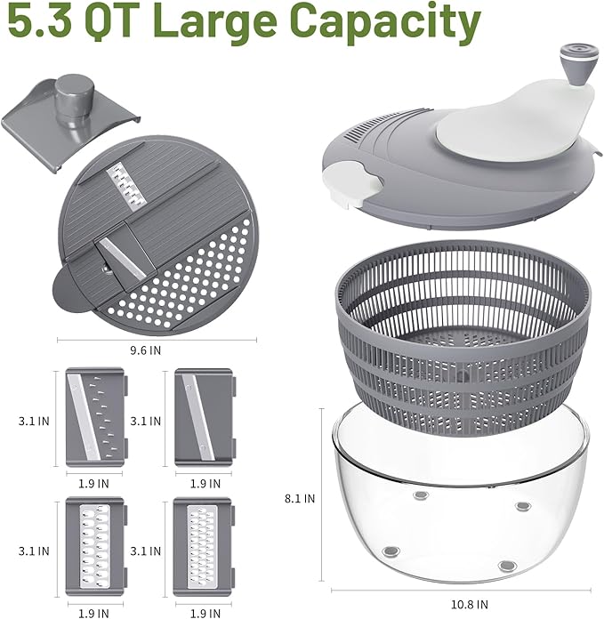 SmartTrends Salad Spinner, 5.3 QT Lettuce Spinner with Strainer, Fruit Cleaner with 4 Replaceable Blade for Shredding, Slicing and Pureeing, Salad Washer & Dryer for Quick Washing (Grey)