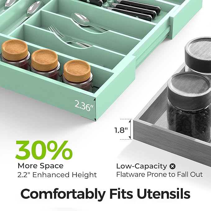 Thalomely Bamboo Kitchen Drawer Organizer, Expandable Silverware Organizer with Removable Knife Block, 6-8 Slots- Utensil Holder & Cutlery Tray Drawer Dividers, 2.36" Deep for Extra Capacity, Cyan
