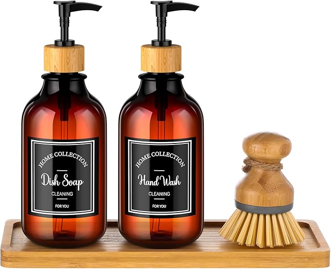 Zopeal 4 Pcs Kitchen Soap Dispenser Set with Bamboo Tray and Dish Brush Plastic Soap Dispenser Set with Waterproof Labels for Hand Dish Lotion(Brown)