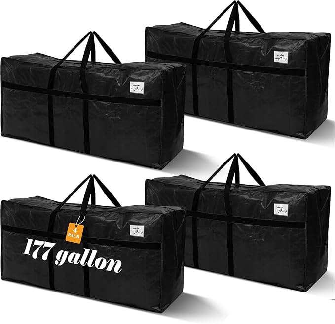 Windyun 4 Pack 177 Gallon Extra Large Moving Bags XXL Heavy Duty Storage Bag with Strong Zipper Handle Jumbo Big Tote Box Foldable for College Dorm Travel Clothes Duffle Blanket Pillow(Black)