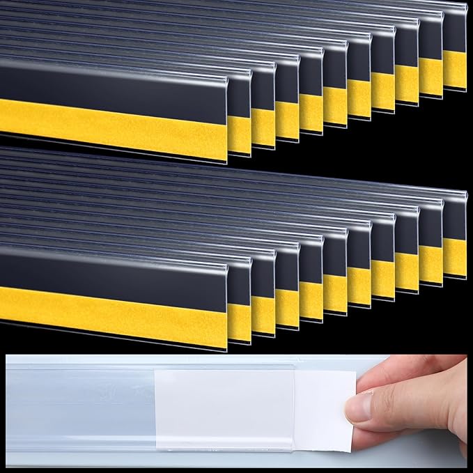 Fainne 25 Pcs Shelf Label Strips 1.25''H x 48 L Self Adhesive Shelf Label Holder Gondola Price Tag Stick on Plastic Clear Ticket Channel for Metal Wood Plastic Rack