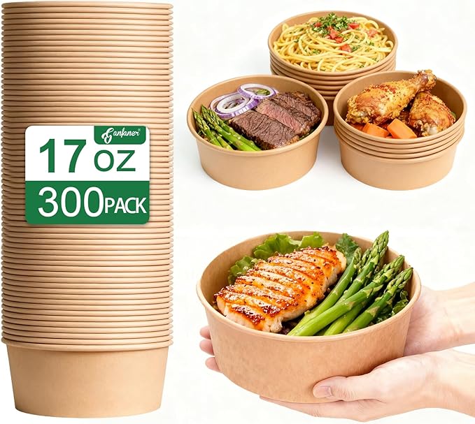 300 Pcs Disposable Round Paper Bowls with Lid 17 oz, Microwave Deli Containers Leakproof Acai Bowls, Salad Bowlwith Lid for Lunch, Disposable bowls with lids for Soup Toppings Snack Camping Family