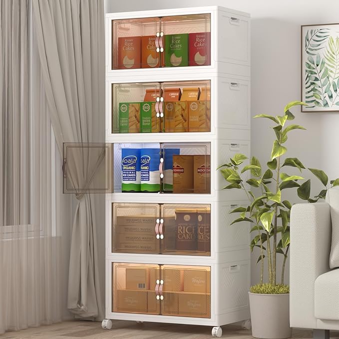 Extra Large Stackable Storage Bins with Lids & Wheels, 600QT-120QT/30GAL*5Pack Foldable Collapsible Closet Organizers Storage Cabinet with Doors for Bedroom Dorm