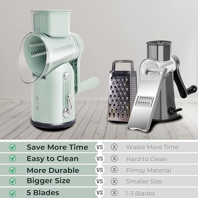 Rotary Cheese Grater Hand Crank with 5-in-1 Interchangeable Blades & Strong Suction Base Vegetables Shredder Manual Slicer for Kitchen, Green