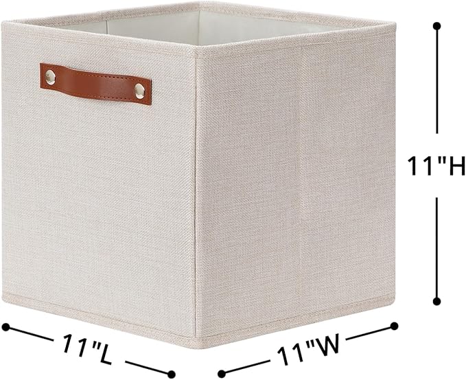 HNZIGE Foldable Storage Cubes Bins for Organizing, Set of 4, Fabric Cube Canvas Storage Bins 11 x11, Collapsible Bins for Organization with Handles for Shelf Nursery(Cream)