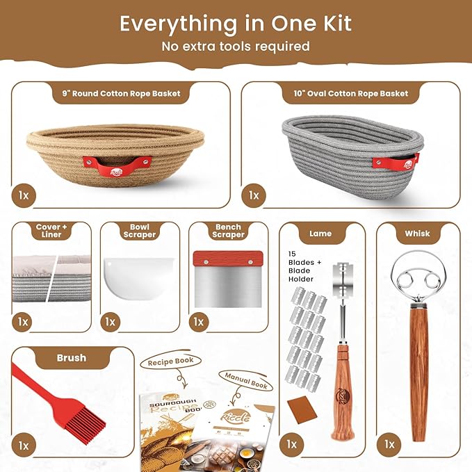 Riccle Sourdough Starter Kit – Bread Baking Supplies & Bread Making Tools with Cotton Rope Proofing Basket (9” Round & 10” Oval), Bread Lame with 15 Blades, Dough Whisk, Bowl Scraper & Silicone Brush