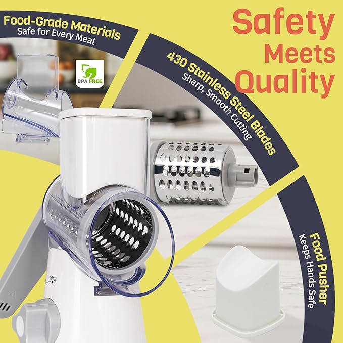 Nexsujo Rotary Cheese Grater Hand Crank, 3 Blades Slicer Shredder, Cheese Grater for Kitchen, Multi-Functional Kitchen Tool for Vegetables, Nuts, Chocolate, with Strong Suction Base, White