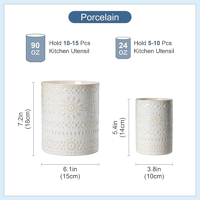 LOVECASA Utensil Holder, 7.2"+5.4" Ceramic Utensil Holder for Countertop, Large Cooking Utensil Crocks for Kitchen Counter, Farmhouse Utensil Vase for Housewarming, Kitchen Decor, Set of 2, Oasis