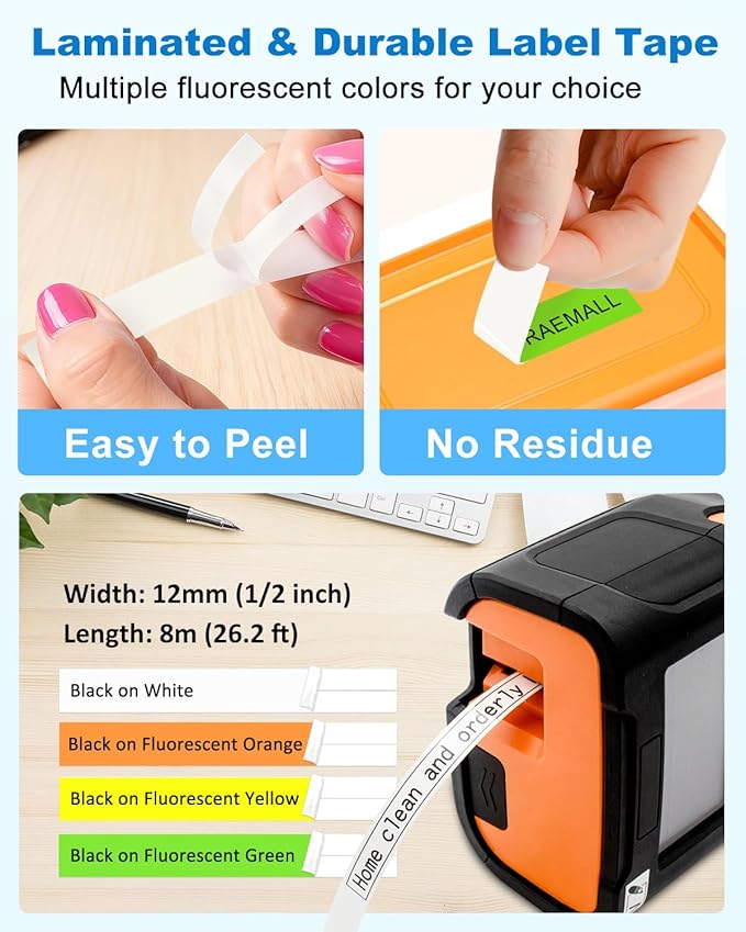 Compatible with Brother P Touch Label Maker Tape Refill Multi Color 12mm 0.47" Standard Laminated White and Fluorescence PTouch Tape TZe 231 B31 C31 D31 for PT-D220 D210 H110 D200 Label Maker Refills