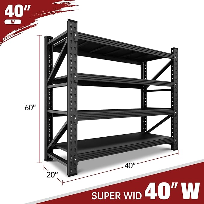3000LBS Storage Shelves,40" W Garage Shelving Heavy Duty Metal Adjustable Garage Shelves, Shelving Units Industrial Shelving for Warehouse,40" W x 20" D x 60" H,Black