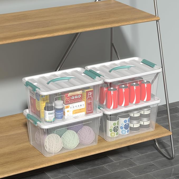 Sandmovie 14 Quarts Plastic Latching Box with Lid, Clear Latching Storage Bin with Handle, 6 Packs