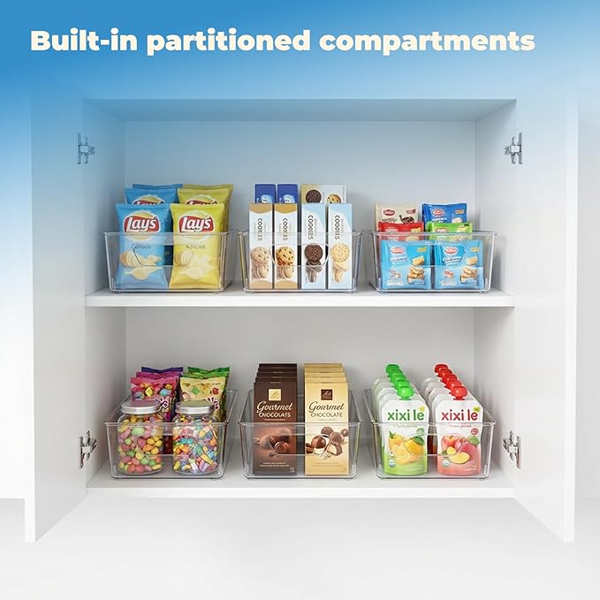 4 Pack Pantry Organizers and Storage, Clear Plastic with 3 Removable Dividers, for Tea Bag, Snack, Seasoning Organizer – BPA Free Perfect in Pantry and Fridge