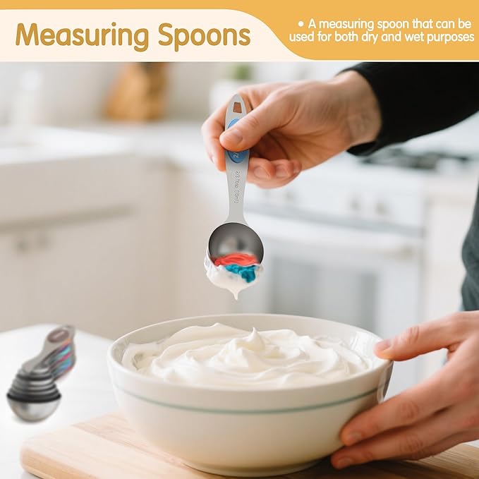 Minteem Magnetic Measuring Cups and Spoons Set, 5 Stainless Steel Measuring Cups, 7 Magnetic Measuring Spoons & 1 Leveler, 3 Plastic Measuring Cup with 1 Measuring Conversion Chart