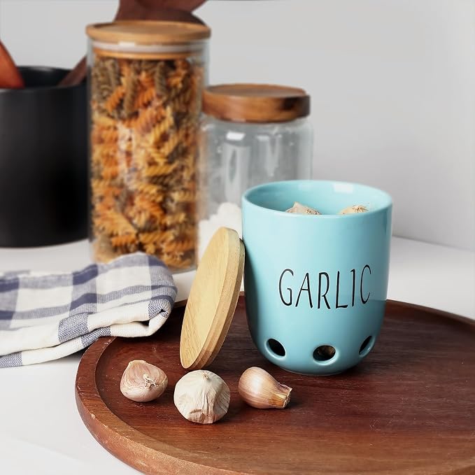 Ceramic Garlic Keeper for Counter, Garlic Saver Container with Wood Lid, Garlic Keeper for Kitchen, Garlic Holder to Keep Your Garlic Cloves Fresh Longer (Turquoise)