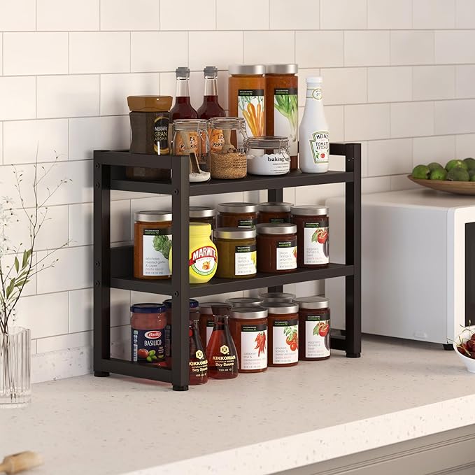 KOPEAYA Kitchen Countertop Shelf Organizer, 3 Tier Large Kitchen Storage Spice Rack Cabinet Organizer with Metal Leg for Countertop Pantry, Coffee Bar Organizer, Bathroom Countertop Organizer, Black