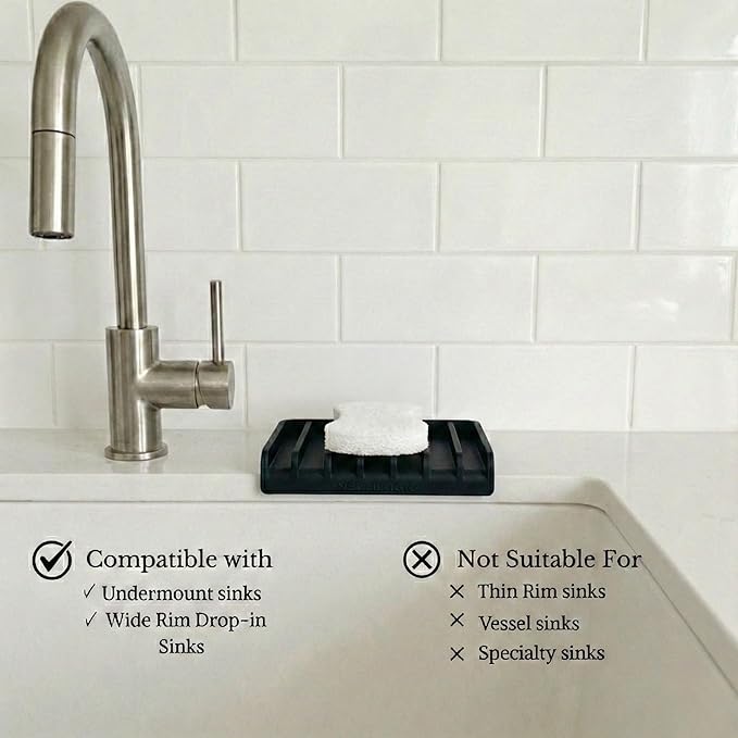 Effilogic Silicone Sponge Holder – Self-Draining Kitchen Sink Organizer, Quick Dry Mat and Counter Protector – Dishwashing Accessories for Sponges, Brushes, and Soap - Medium Black