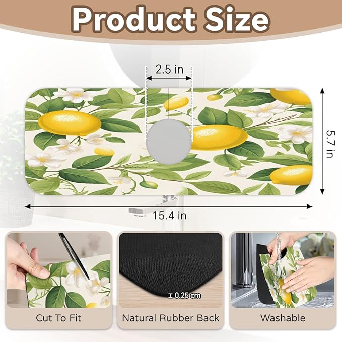 Lemon Blossom Pattern Kitchen Faucet Mat Splash Guard, 15.4”x5.7” Absorbent Quick Drying Sink Mat for Countertop Protection, Draining Mat Sink Protectors For Kitchen Bathroom, 1 Pack