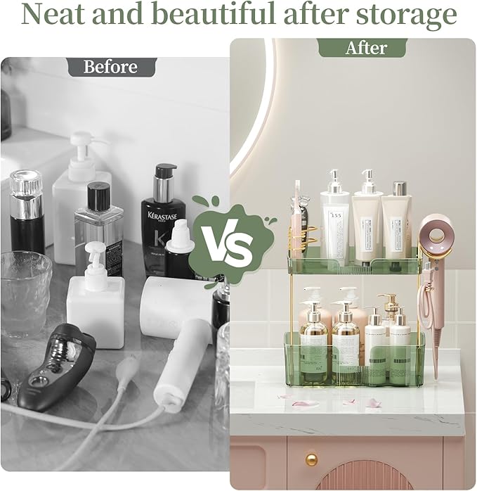 Akinbas 2 Tier Bathroom Organizer Countertop Makeup Perfume Tray Skincare Organizer Comes with Hair Dryer Rack and Toothbrush Holder for Bathroom Dresser Vanity (Green)