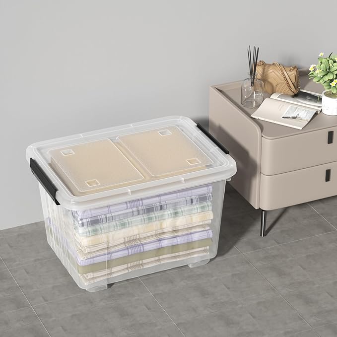 50 Quart Large Plastic Storage Box with Wheels, Latching Box with Lid, Wheeled Storage Bin, 4 Packs