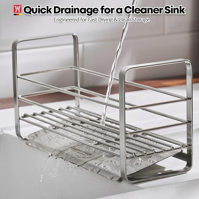 Stainless Steel Over Sink Organizer Rack, Sponge Holder, Soap Dispenser, Fast Drainage Kitchen Caddy with Removable Drainer Tray, Washbasin Caddy, Sink Drying Rack with Sloped Design