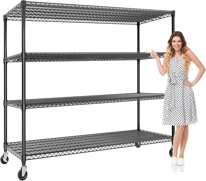 59" W Storage Shelves 2640LBS Heavy Duty Garage Shelving Units with Wheels and Adjustable Shelf, 4-Tiers Wire Shelving Rack for Garage Pantry Kitchen Warehouse Industrial
