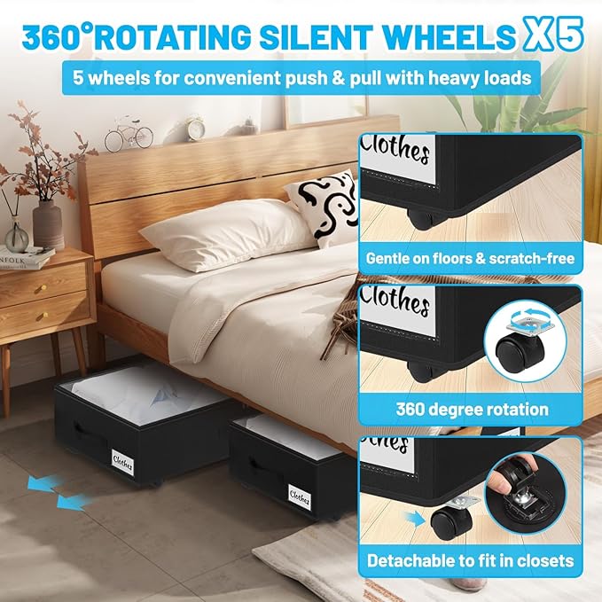 Under Bed Storage with Wheels, 2-Pack 6.7" Height XL 50L Rolling Storage Bins, Quick Assembly Underbed Shoe Storage Containers with Clear Lid & Label, Dorm Under bed Drawers for Clothes, Shoes, Black