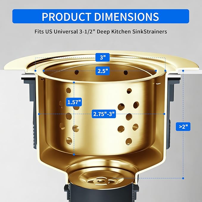 POPFLY SUS 304 Stainless Steel Deep Sink Strainer Basket – Fits Standard 3-1/2" Kitchen Drains, 2.5" Replacement Option – Removable Drain Basket with Handle for Easy Food Debris Cleaning, Gold