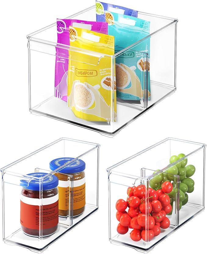 Clear Plastic Storage Bins with Dividers for Kitchen Pantry Organization, 3 Pack Thicken Stackable Storage Container Boxes for Refrigerator Cabinets Vanity Organizers and Storage, C6-1