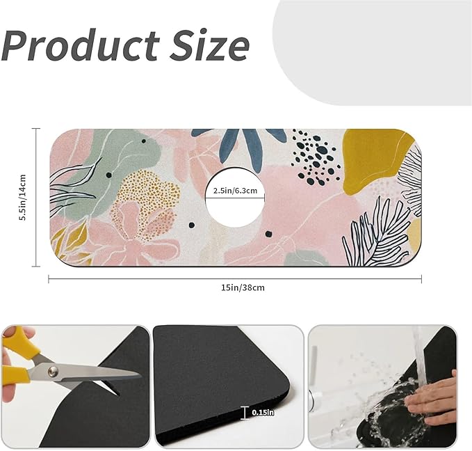 Kitchen Sink Splash Guard，Bohemian Art Faucet Mat Sink Gadgets-Super Absorbent Fast Drying Mat Drip Catcher for Kitchen, Bathroom,Sink Mat, Dish Drying Mat, Bathroom(15" X 5.5" )