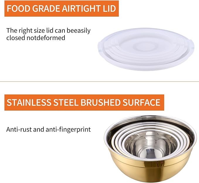 Moxinox Gold Mixing Bowls with Airtight Lids, Stainless Steel Nesting Mixing Bowls Set of 5, Ideal for Baking, Prepping and Serving Food, Size 5.5, 3.6, 2.7, 2.1, 1.5, QT, Stackable Design