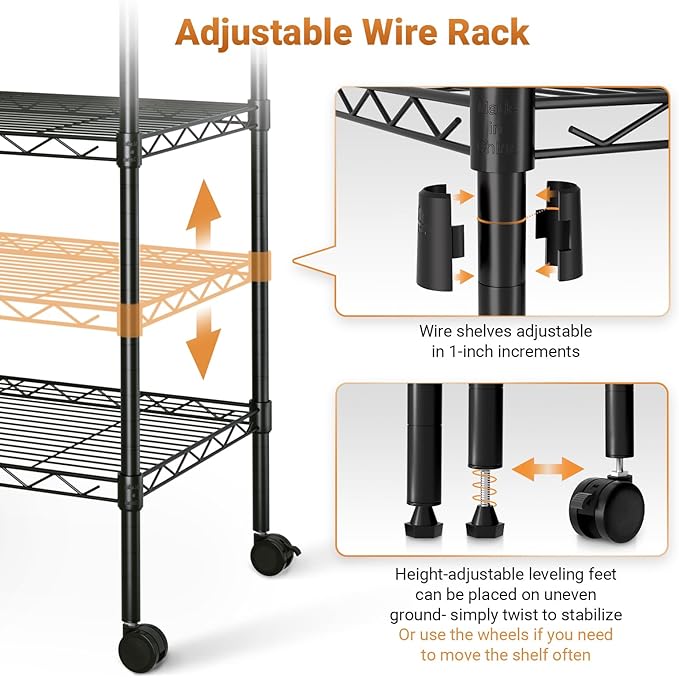 YSSOA Heavy Duty 5-Shelf Storage Shelving Unit, 1250lbs Loading Capacity, 29.92" D x 13.98" W x 62.99" H Adjustable Steel Organizer Wire Rack, Black, 2 Pack