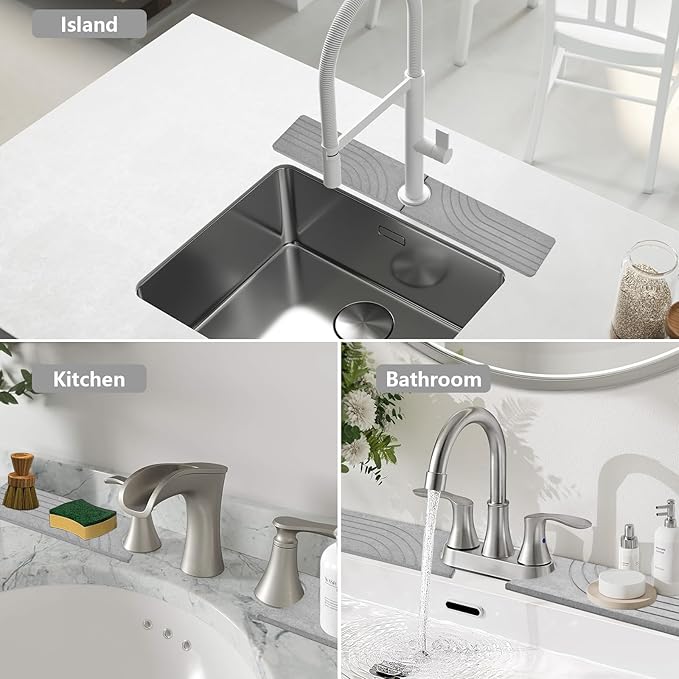 Stone Faucet Mat for Kitchen Sink - Drying Stone with Non-slip Pads, Sink Water Splash Guard for Bathroom Counter, Sink Caddy Holds Soap & Tools, 23.6 × 3.9in, Light Gray, Curved Lines