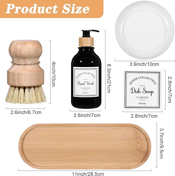Zopeal 4 Pcs 16 oz Kitchen Soap Dispenser Set with Bamboo Tray and Dish Brush Plastic Soap Dispenser Set with Waterproof Labels for Hand Dish Lotion(Black)