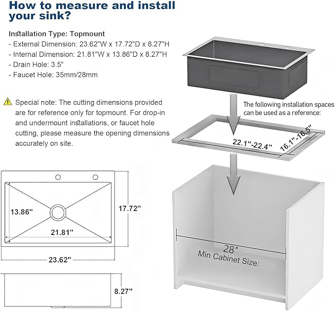24-inch Single Bowl Kitchen Sink, Drop-in/Top-Mount Stainless Steel with Nano Coating, Includes Drain Kit & Fruit Basket, 24"x18"x8"