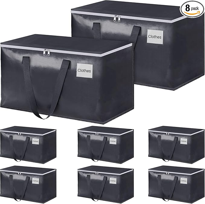 StorageRight Heavy Duty Moving Boxes-Moving Bags with Zipper, Reinforced Handles and Tag Pocket-Collapsible Moving Supplies-Totes for Storage Great for Moving, Storage and Travel 93L(Gray-8 Pack)