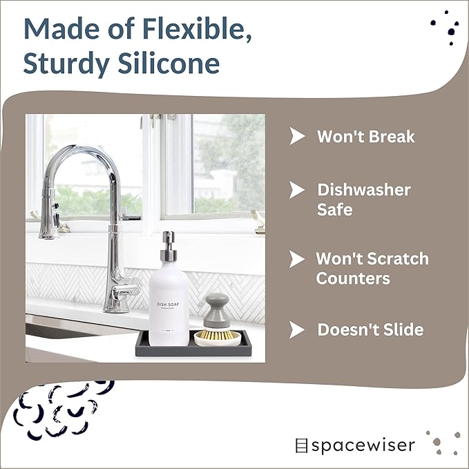 Spacewiser Countertop and Vanity Tray - 2 PC Small 7.7" Silicone Bathroom Trays, Kitchen Soap Tray, Dish Sponge Soap Holder Kitchen Sink Organizer Caddy, Bathroom Counter Trays for Lotion Dispenser