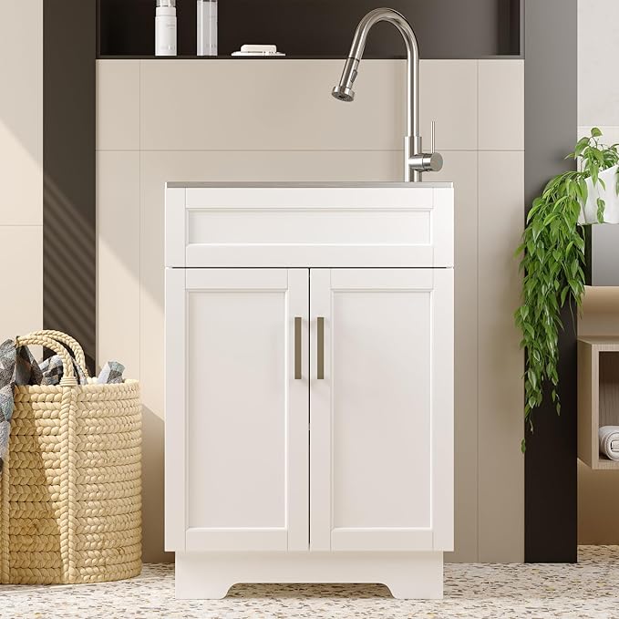 Laundry Sink Cabinet with Stainless Steel Sink and Pull-Down Faucet, 24 Inch Large Utility Sink Cabinet for Laundry/Utility Room, Kitchen, Bathroom and Garage, White