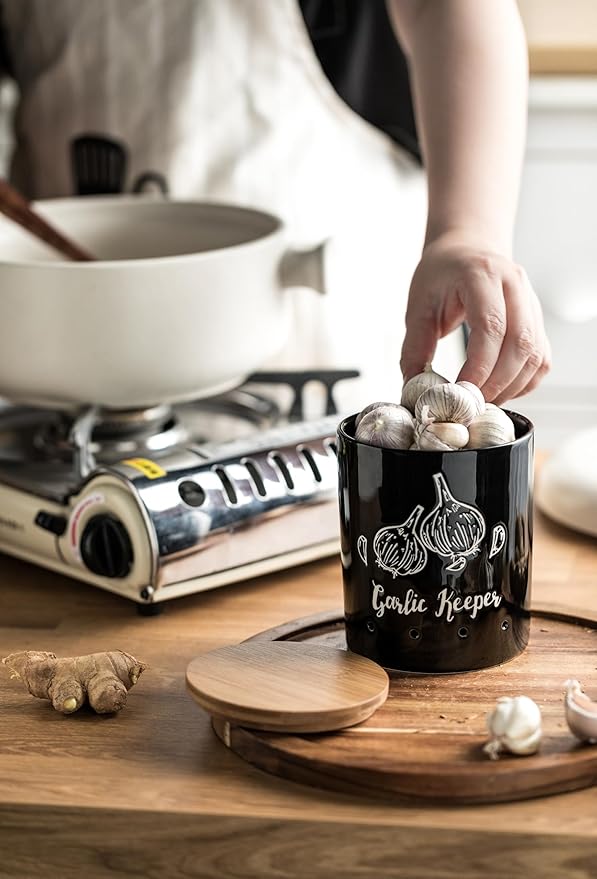 LYEOBOH Garlic Keeper, Garlic Storage, Garlic Holder, Ceramic Garlic Container with Wood Lid, Farmhouse Garlic Keeper for Counter, Garlic Saver for Kitchen, Black