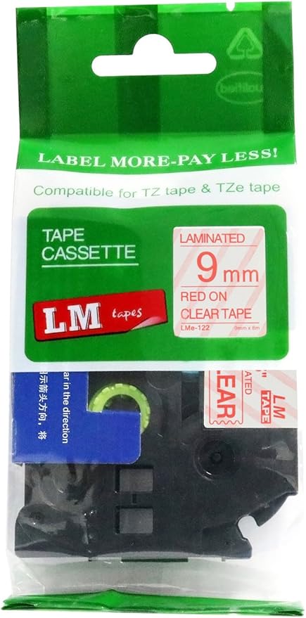 1/Pack LM Tapes - LMe122 Premium 3/8" Red Print on Clear Label Compatible with P-Touch TZe-122 Tape and Includes Tape Color/Size Guide. Replaces TZ-122 9mm 0.35 Laminated.