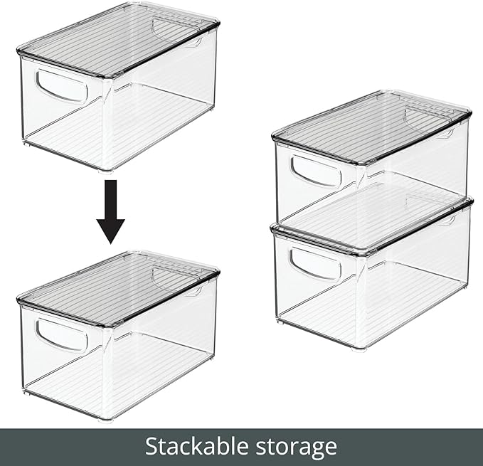 mDesign Plastic Deep Storage Bin Box Container with Lid and Built-In Handles - Organization for Fruit, Snacks, or Food in Kitchen Pantry, Cabinet, Cupboard, Ligne Collection, 6 Pack, Clear/Smoke Gray