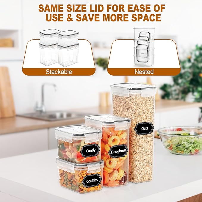 24 PCS Airtight Food Storage Containers with Lids, Kitchen Pantry Organization and Storage Containers, Plastic Canisters for Flour, Sugar, Cereal and Dry Food, BPA Free, 40 Labels & Marker