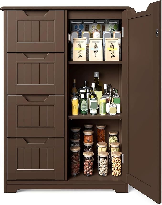 Gizoon Small Pantry Storage Cabinet with Door and Shelves, 33'' Pantry Cabinet Freestanding Wooden Bathroom Storage Cabinet with 4 Drawers for Kitchen and Dining Room, Dark Brown