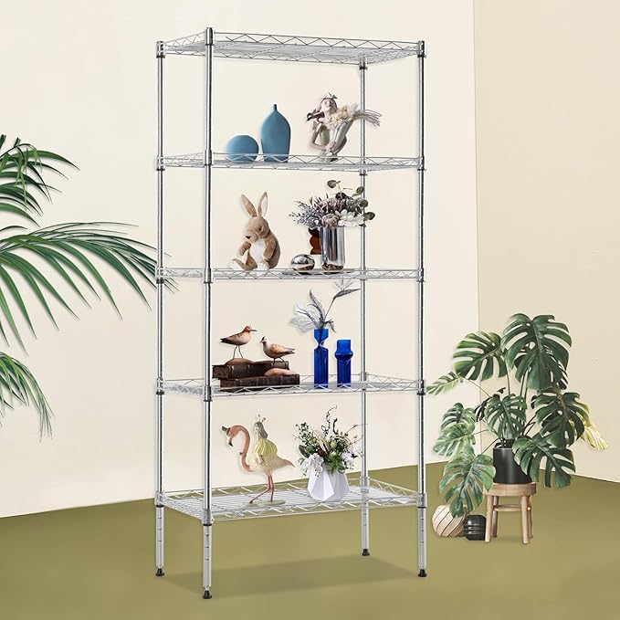 FDW 5 Tier 22L x 12W x 48H Pantry Shelves Adjustable Metal Shelves NSF Storage Rack Shelving Units for Kitchen Garage Small Places Commercial,Chrome