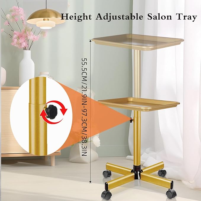 Salon Tray on Wheels Tattoo Rolling Tray Salon Service Cart Height Adjustble Hair Service Color Tray Gold