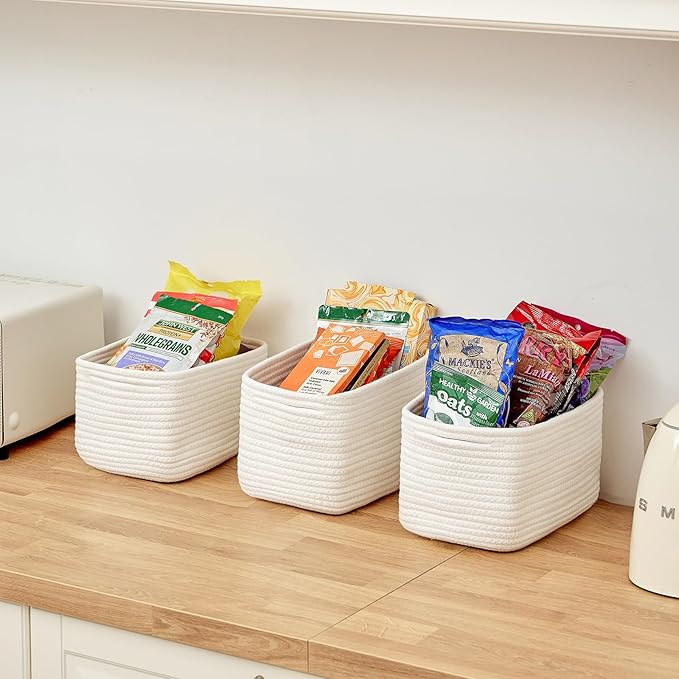 R RUNKA Small Cotton Rope Basket – Storage Bin for Organizing (10.6" x 6.7" x 6.7"), Bathroom Storage Basket for Shelf, Counter & Closet（White）
