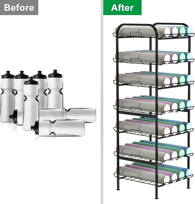 BTY Water Bottle Organizer 7 Tier Freestanding Water Bottle Storage Organizer Metal Bottle Rack Holder Stand Shelf for Kitchen Pantry Food Storage (Black)