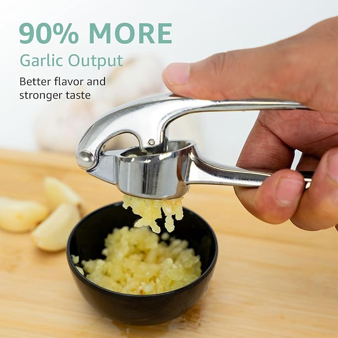 GD Premium Garlic Press Set – Rust-Proof Garlic Mincer Crusher smasher Tool – Easy-Squeeze, Easy-Clean with Soft Ergonomic Handle – Dishwasher Safe, Includes Silicone Peeler & Brush (Imperial Silver)